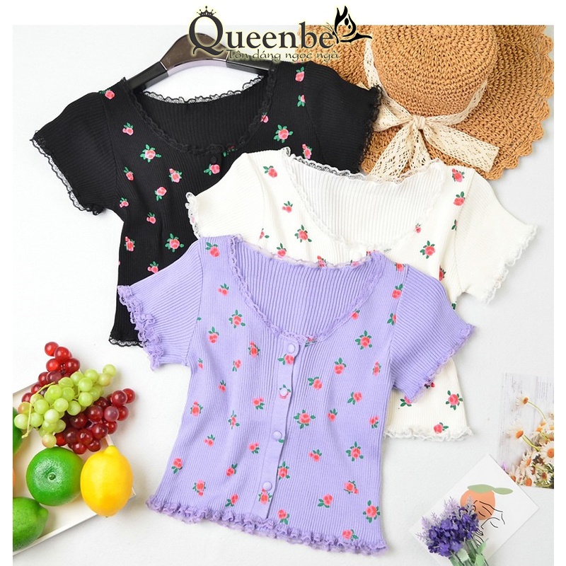 Áo thun dệt kim croptop Queenbe GLA317 phong cách Teen