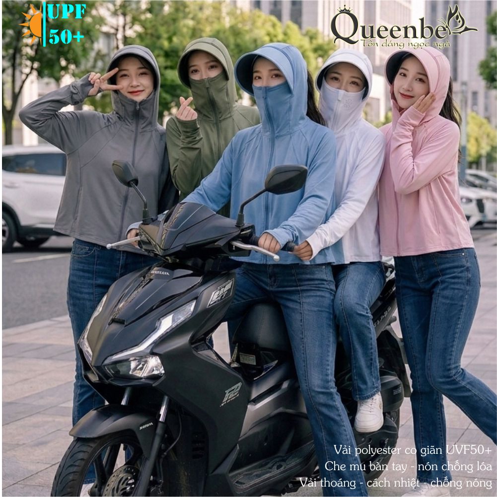 Áo chống nắng nữ thời trang đi xe máy Queenbe GLA332 chống UV50 liền nón, che mặt, che mu bàn tay, vành chống chói