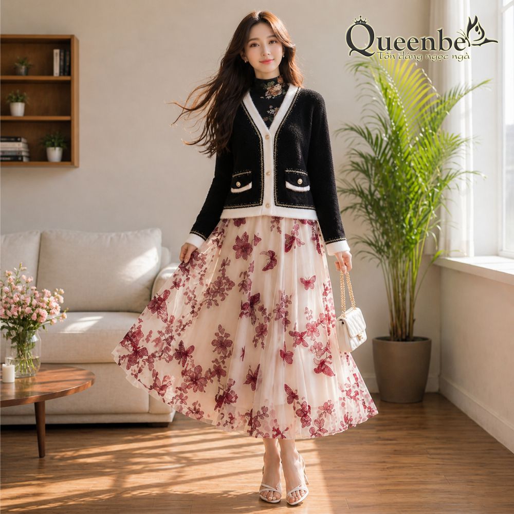 Áo khoác len cashmere sang trọng Queenbe GLA330 len mịn túi thật nút thật