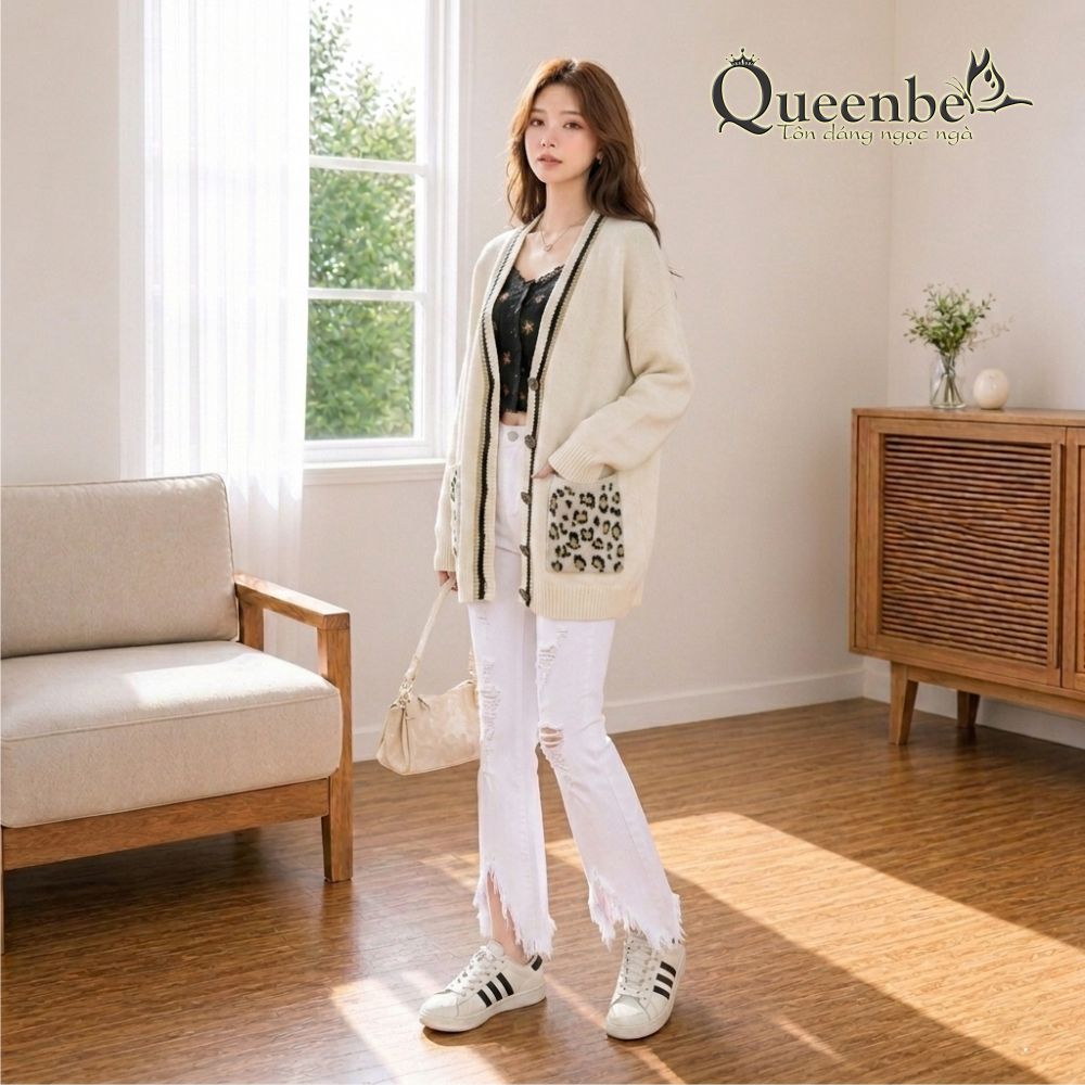 Áo khoác len nữ dệt họa tiết Queenbe GLA297