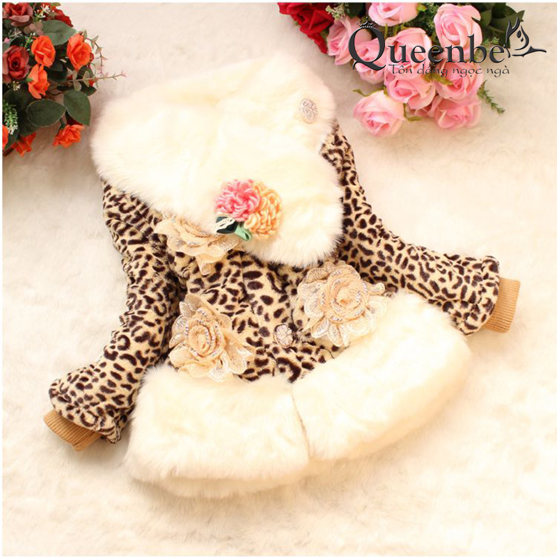 Áo khoác lông bé gái da báo gắn hoa hồng Queenbe GLV092 mềm mại - ấm áp