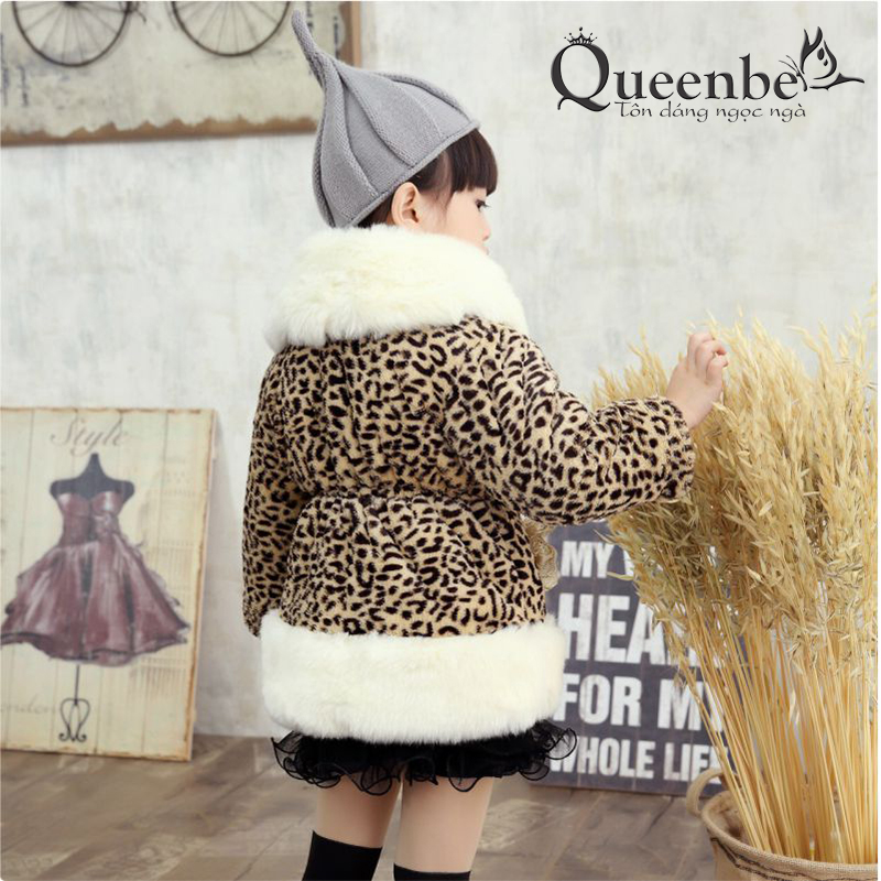Áo khoác lông bé gái da báo gắn hoa hồng Queenbe GLV092 mềm mại - ấm áp