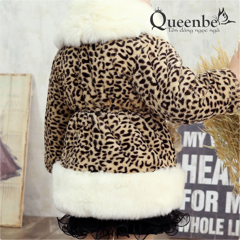 Áo khoác lông bé gái da báo gắn hoa hồng Queenbe GLV092 mềm mại - ấm áp
