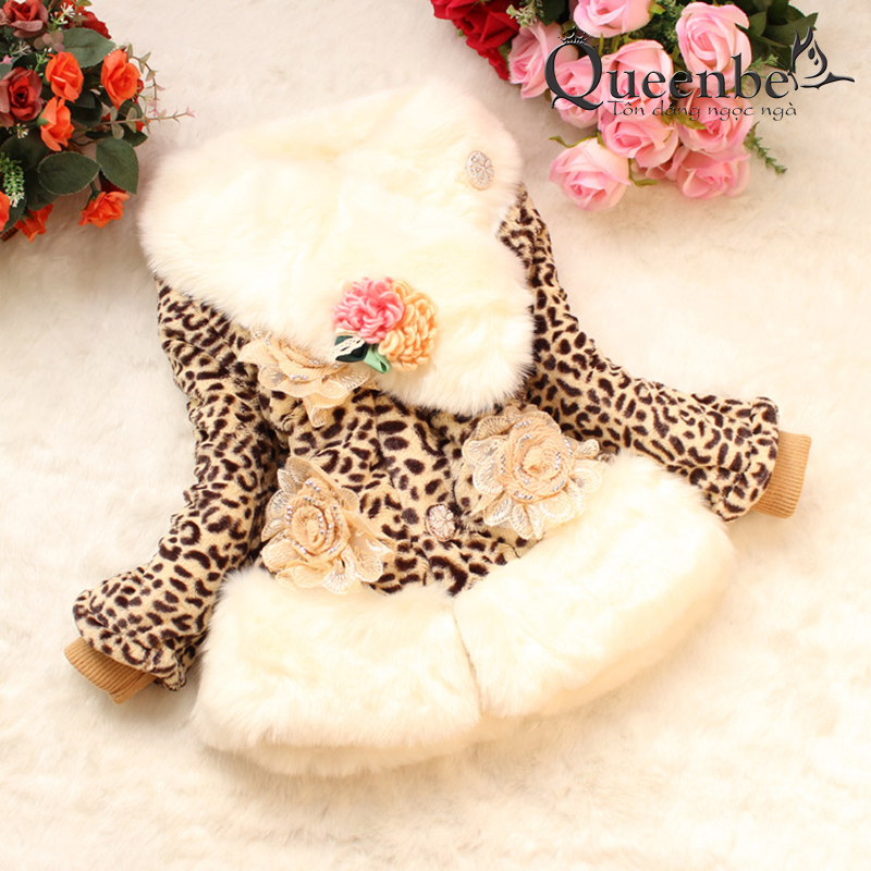 Áo khoác lông bé gái da báo gắn hoa hồng Queenbe GLV092 mềm mại - ấm áp