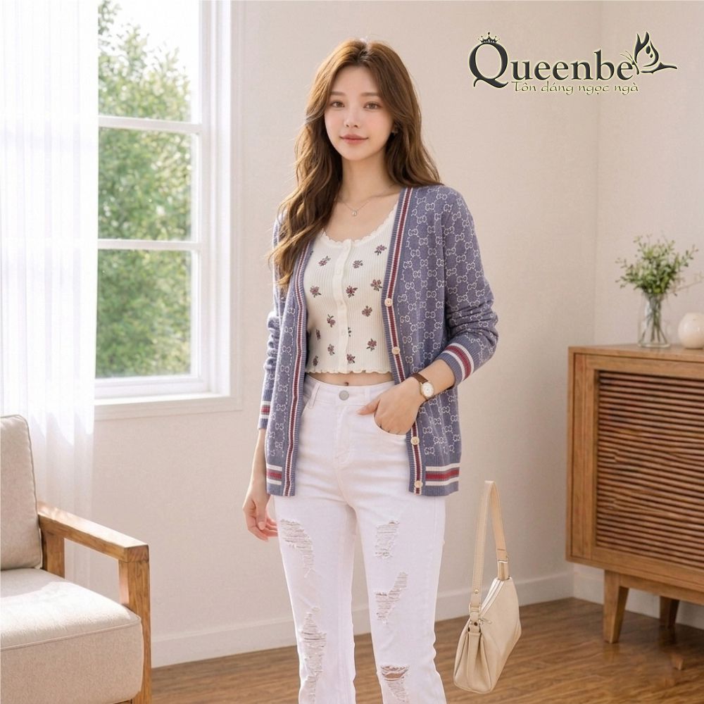Áo khoác nhẹ nữ cài cúc trước Queenbe GLA225 len mỏng nhẹ xuân thu