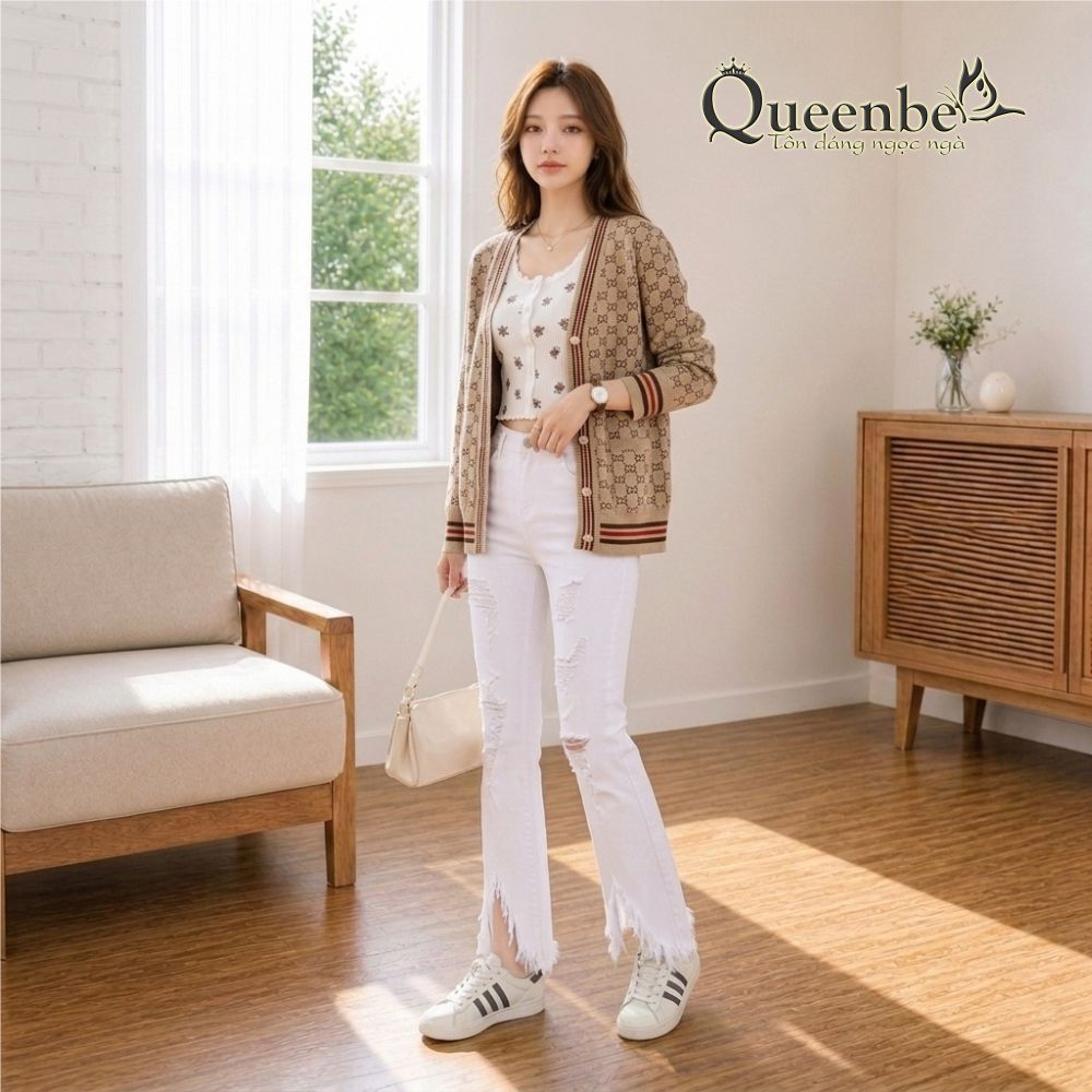 Áo khoác nhẹ nữ cài cúc trước Queenbe GLA225 len mỏng nhẹ xuân thu