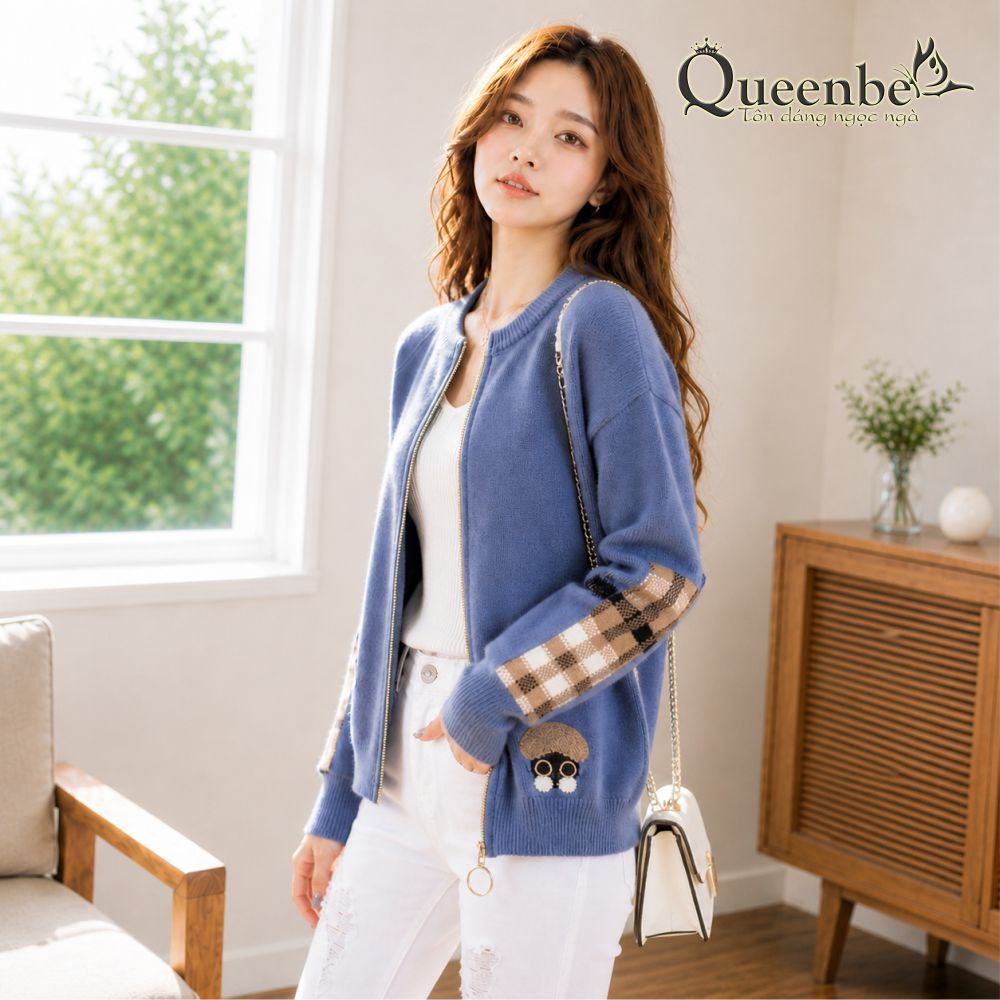 Áo khoác nữ dài tay khóa kéo Queenbe GLA250 chất len dầy vừa không xơ không vón cục