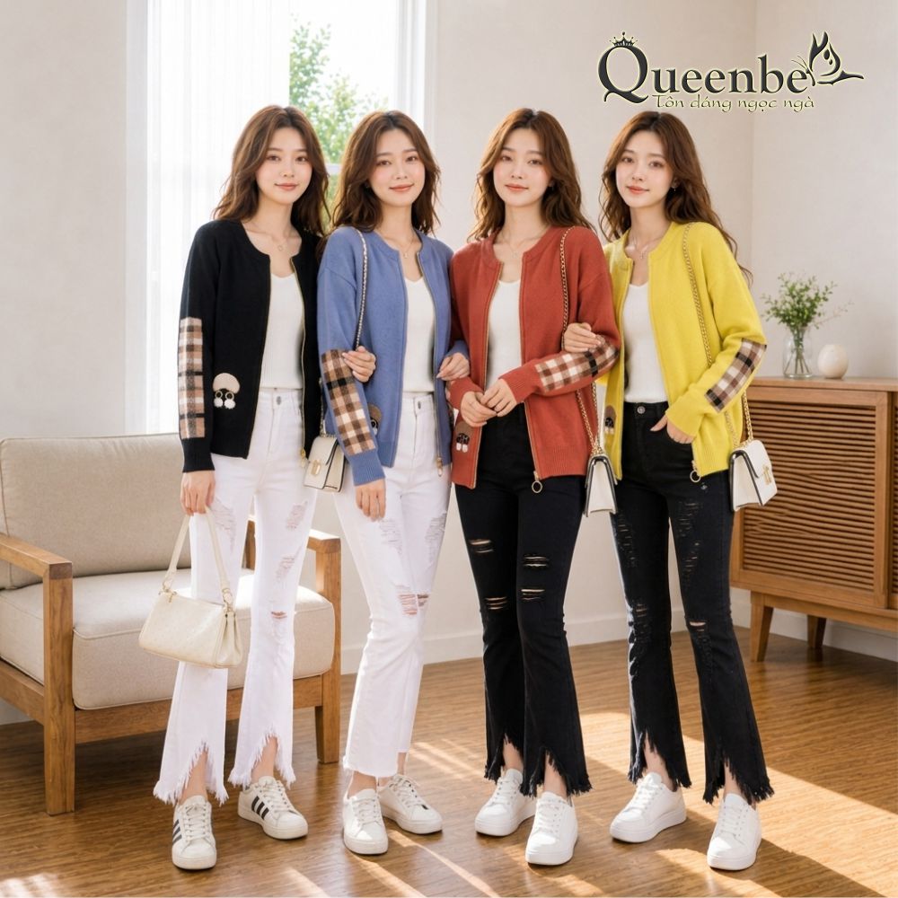 Áo khoác nữ dài tay khóa kéo Queenbe GLA250 chất len dầy vừa không xơ không vón cục