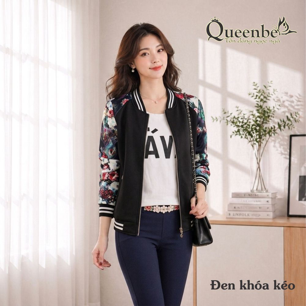 Áo khoác nữ nhẹ tay in hoa Queenbe GLA122