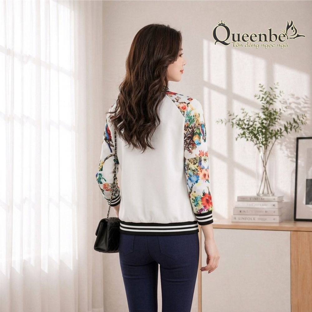 Áo khoác nữ nhẹ tay in hoa Queenbe GLA122