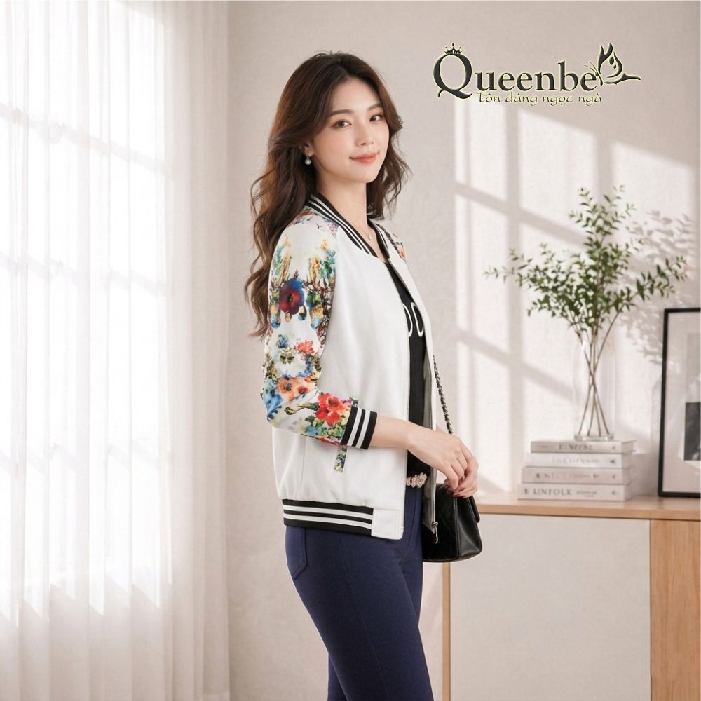 Áo khoác nữ nhẹ tay in hoa Queenbe GLA122
