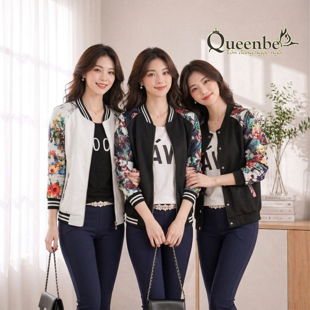 Áo khoác nữ nhẹ tay in hoa Queenbe GLA122