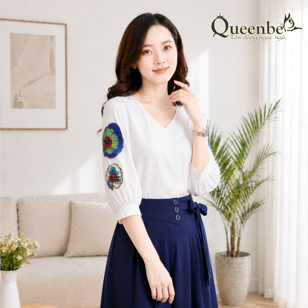 Áo kiểu cổ v tay lỡ đính cườm có big size Queenbe GLA114