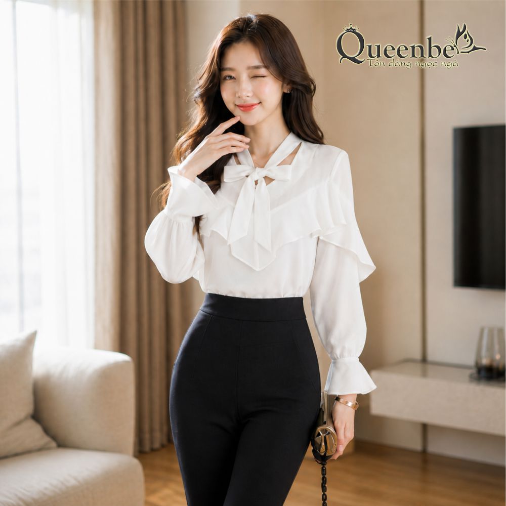 Áo kiểu nữ đẹp áo sơ mi cách điệu dài tay Queenbe GLA166