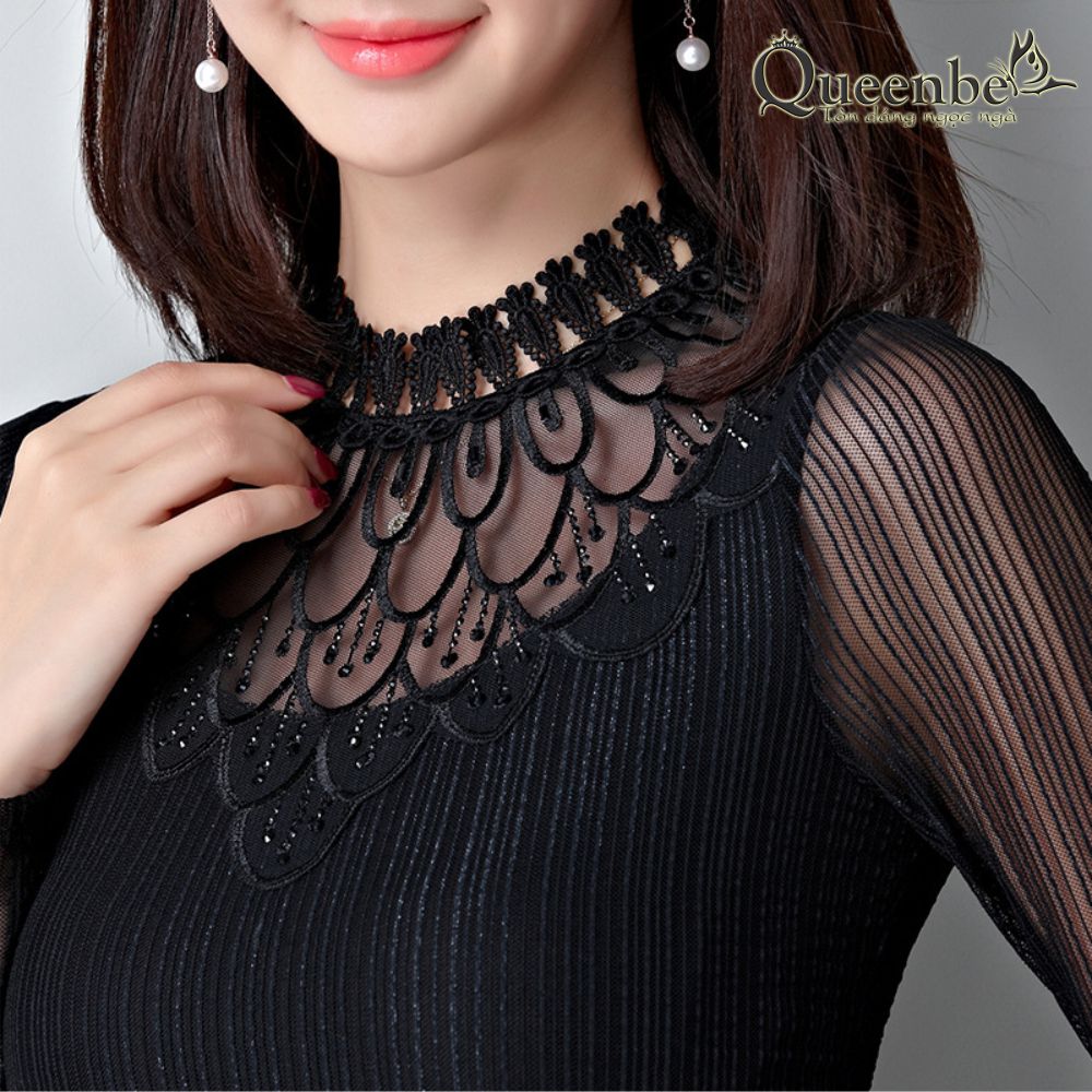 Áo kiểu ren big size thun lưới phối ren dài tay có big size Queenbe GLA203