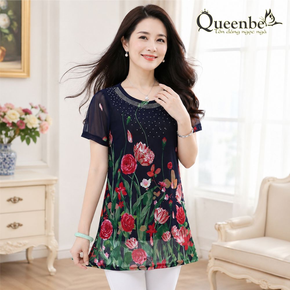Áo kiểu trung niên big size in hoa dáng dài đính cườm Queenbe GLA258