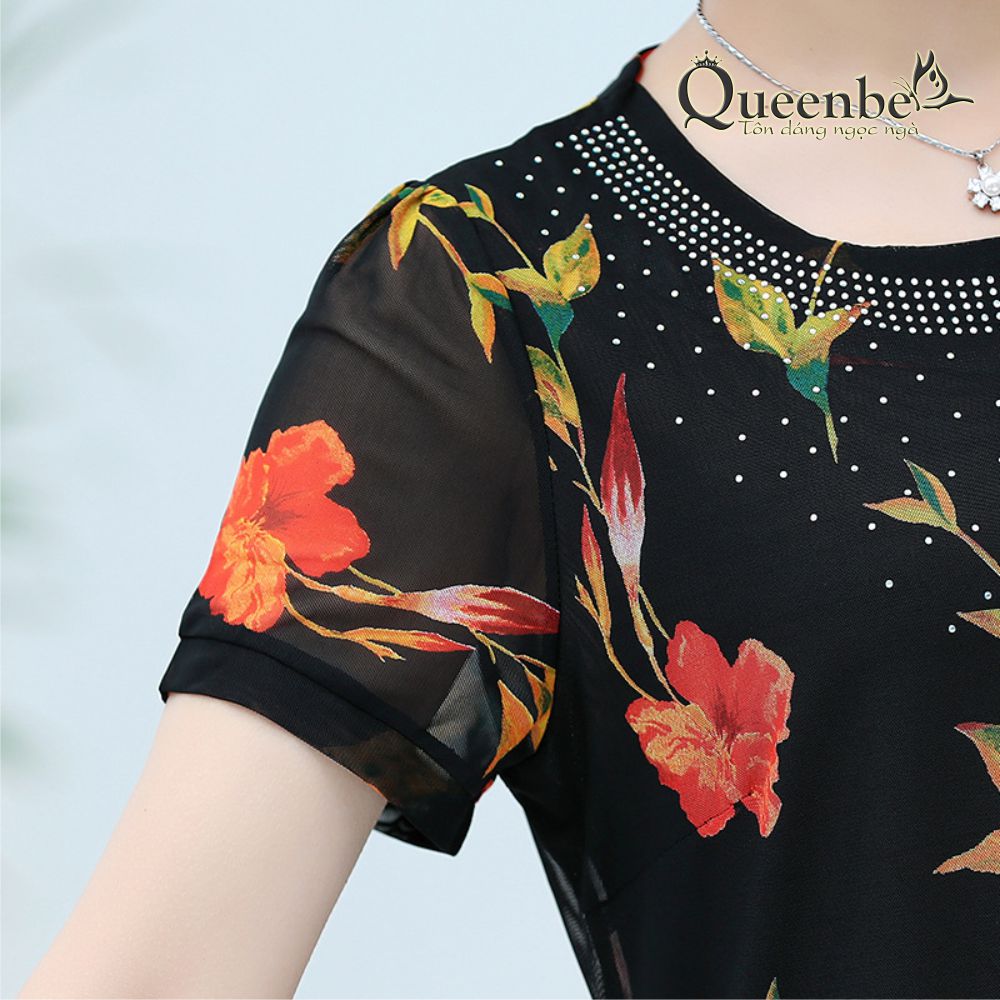 Áo kiểu trung niên big size in hoa dáng dài đính cườm Queenbe GLA258