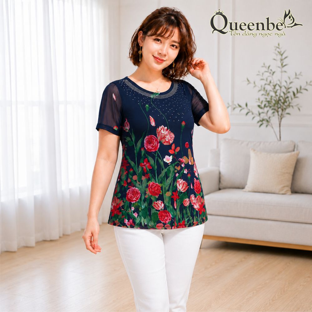 Áo kiểu trung niên big size in hoa dáng dài đính cườm Queenbe GLA258