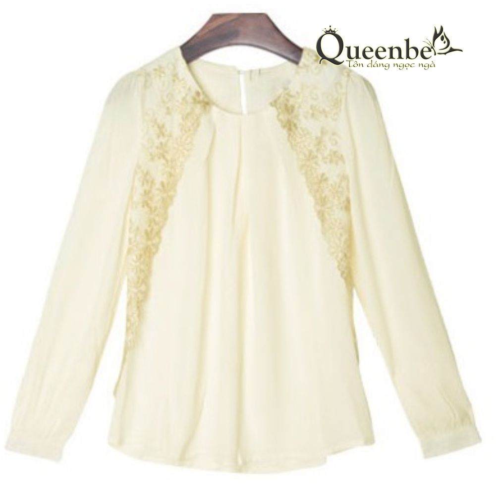 Áo kiểu voan đính ren dài tay cổ tròn dáng suông có big size Queenbe GLA065