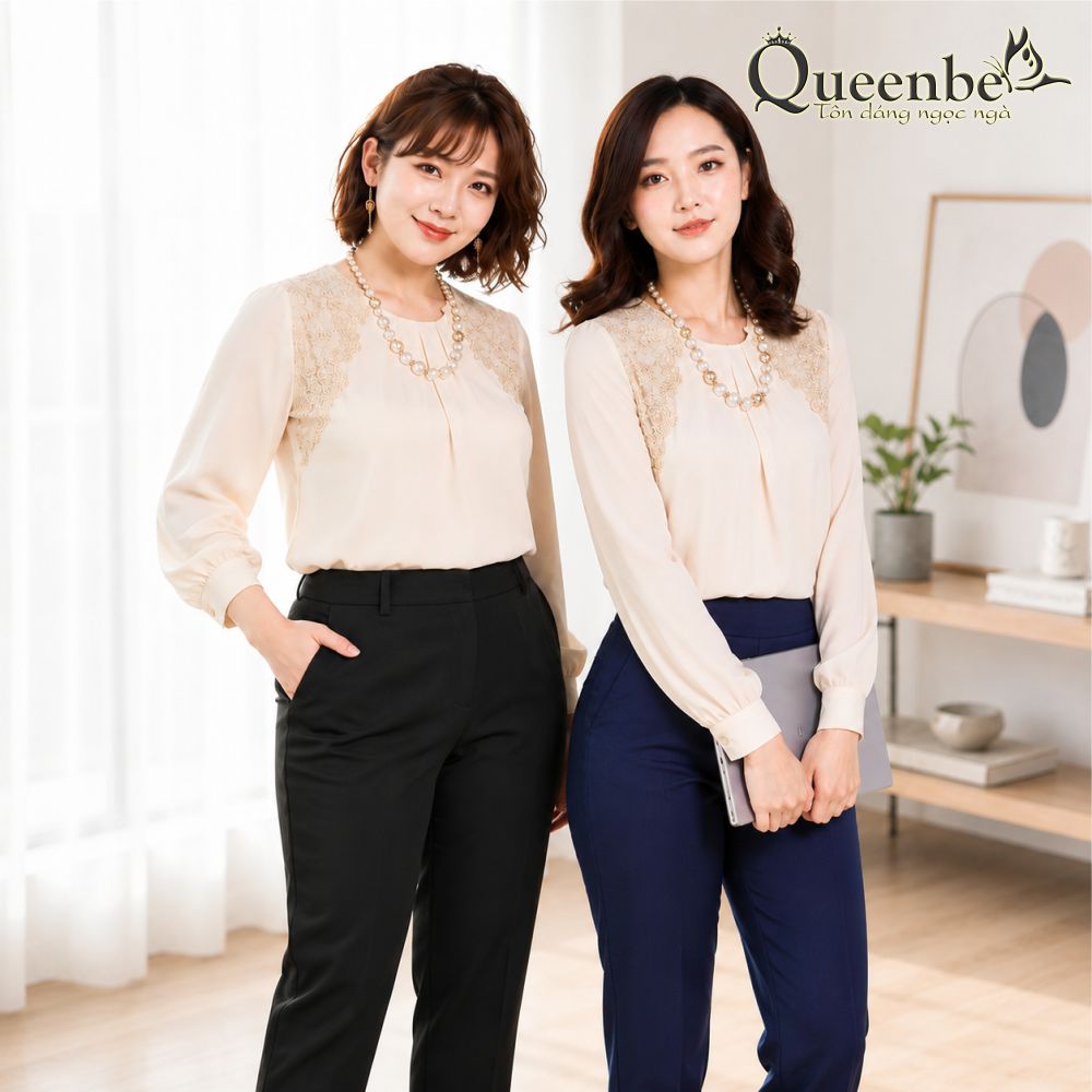 Áo kiểu voan đính ren dài tay cổ tròn dáng suông có big size Queenbe GLA065