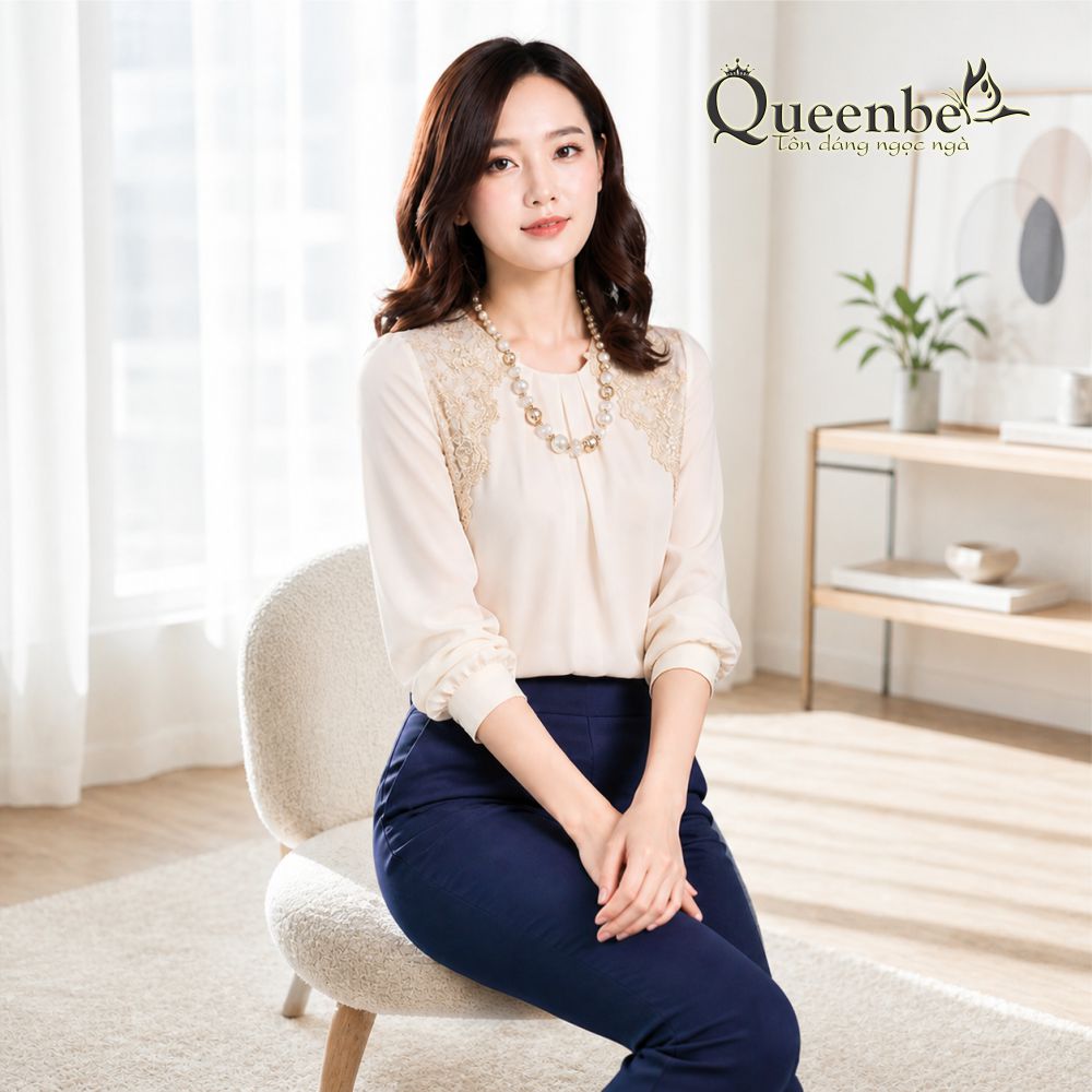 Áo kiểu voan đính ren dài tay cổ tròn dáng suông có big size Queenbe GLA065