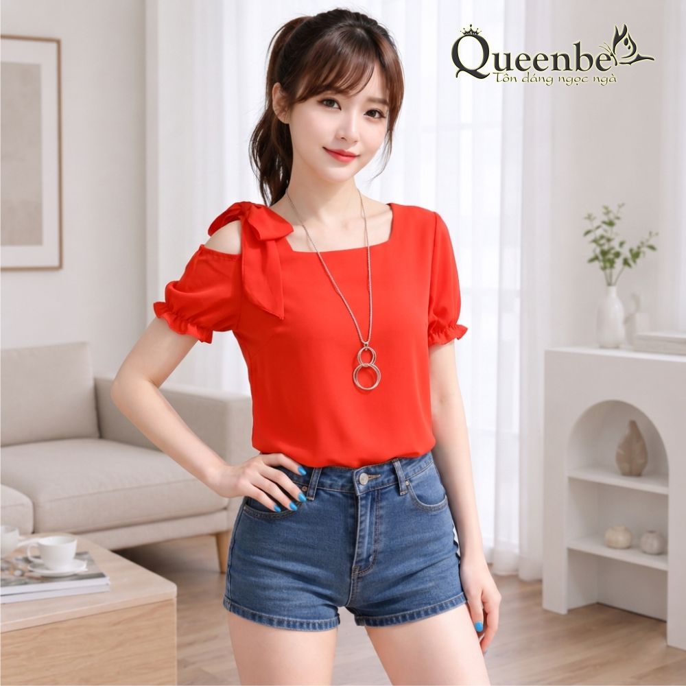Áo kiểu voan tay ngắn vai bồng màu đỏ Queenbe GLA006