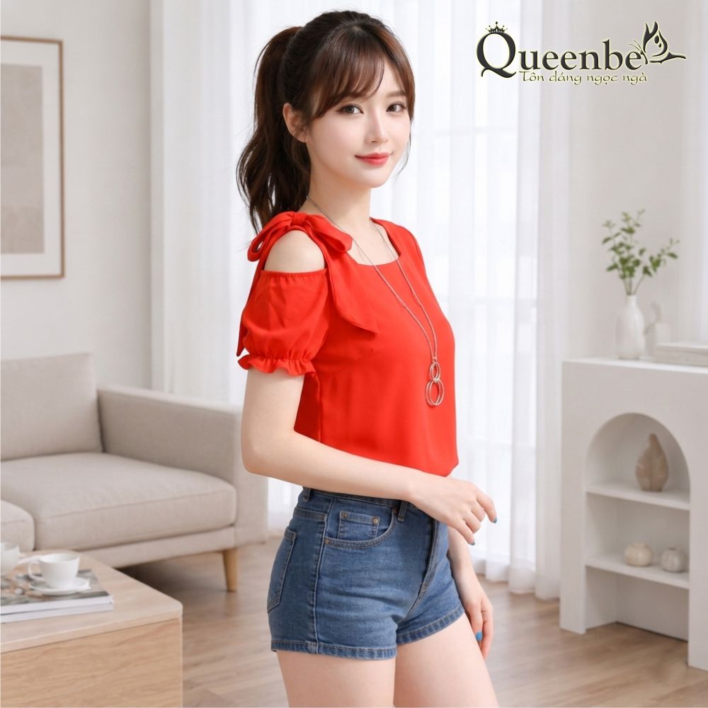 Áo kiểu voan tay ngắn vai bồng màu đỏ Queenbe GLA006