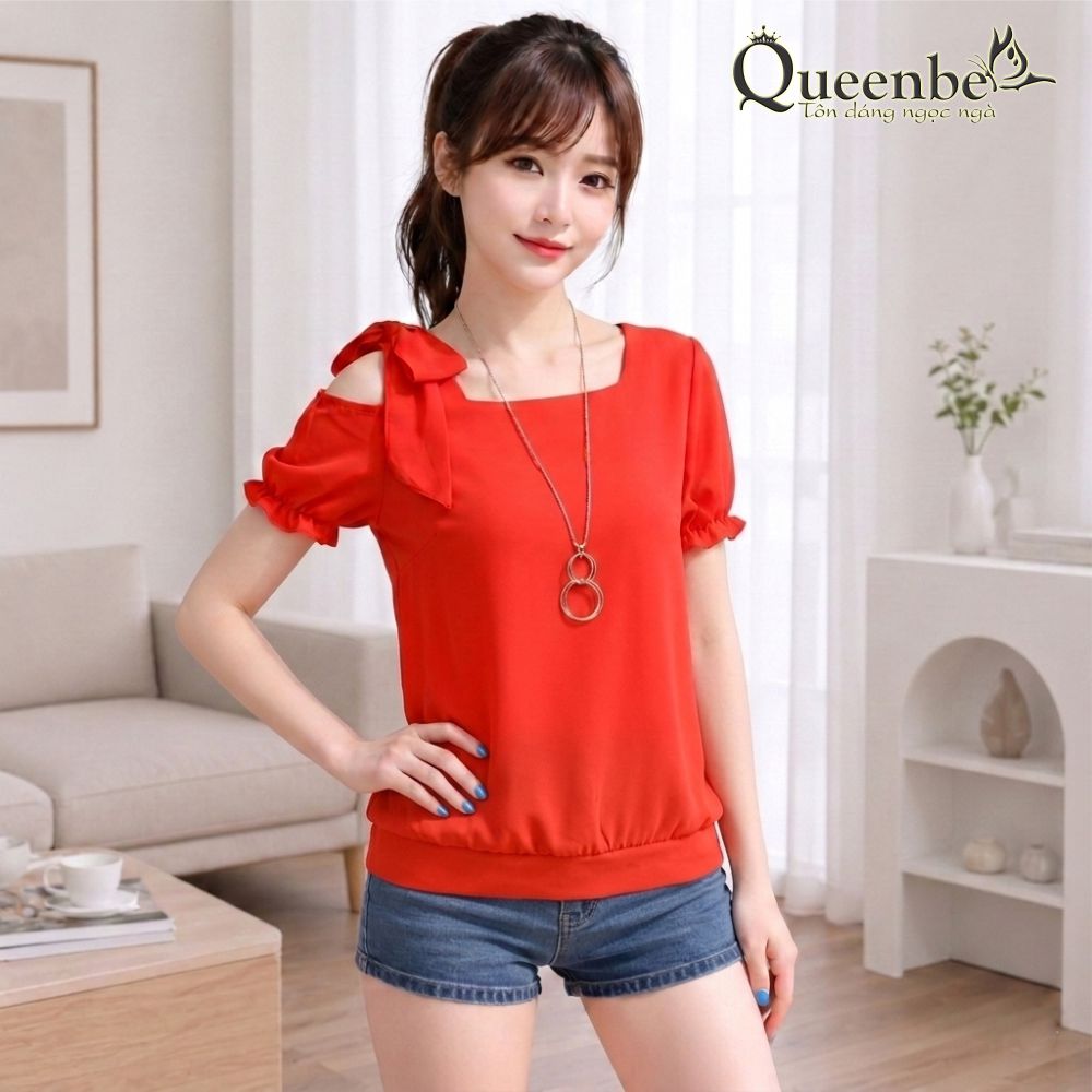 Áo kiểu voan tay ngắn vai bồng màu đỏ Queenbe GLA006