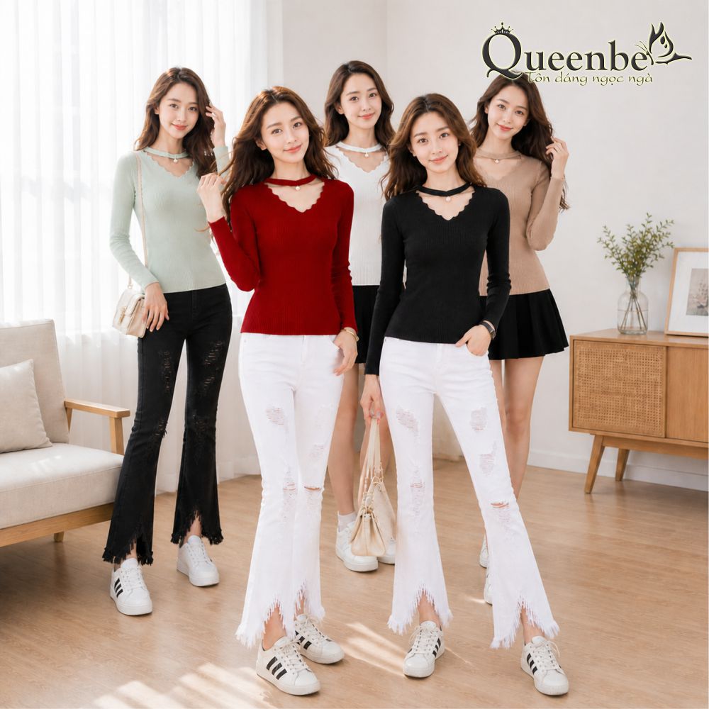 Áo len nữ cổ tim răng cưa dài tay Queenbe GLA088 len lông cừu sợi mảnh không ngứa, không xù, không vón cục
