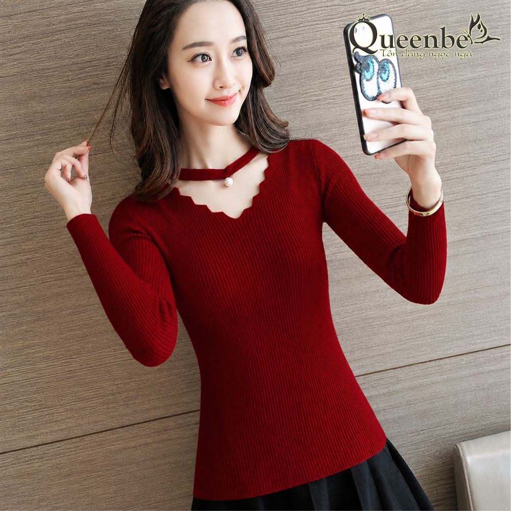 Áo len nữ cổ tim răng cưa dài tay Queenbe GLA088 len lông cừu sợi mảnh không ngứa, không xù, không vón cục