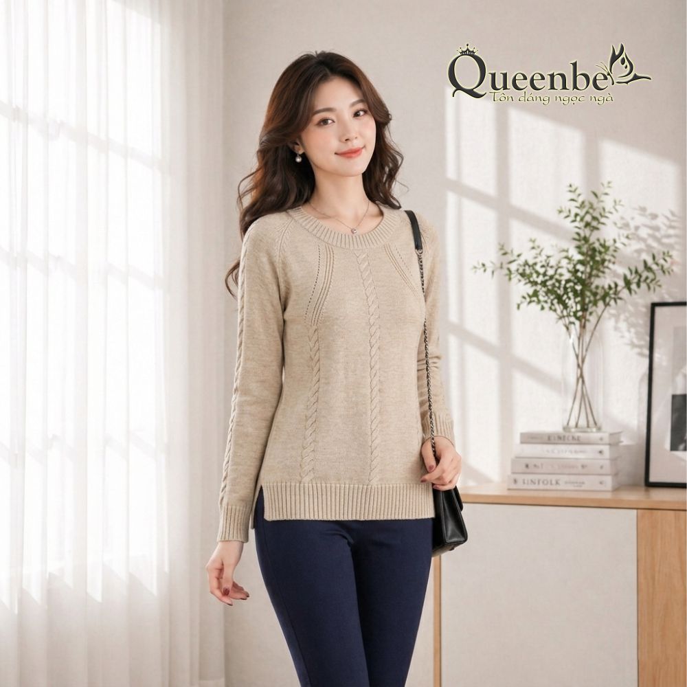 Áo len nữ dài tay cổ tròn chải kỹ mã Queenbe GLA284