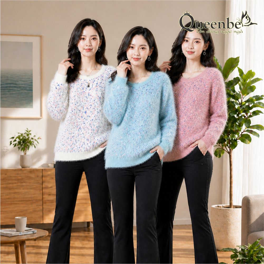 Áo len nữ lông cừu cổ tròn dài tay Queenbe GLA329 len mềm mịn không xù không vón cục