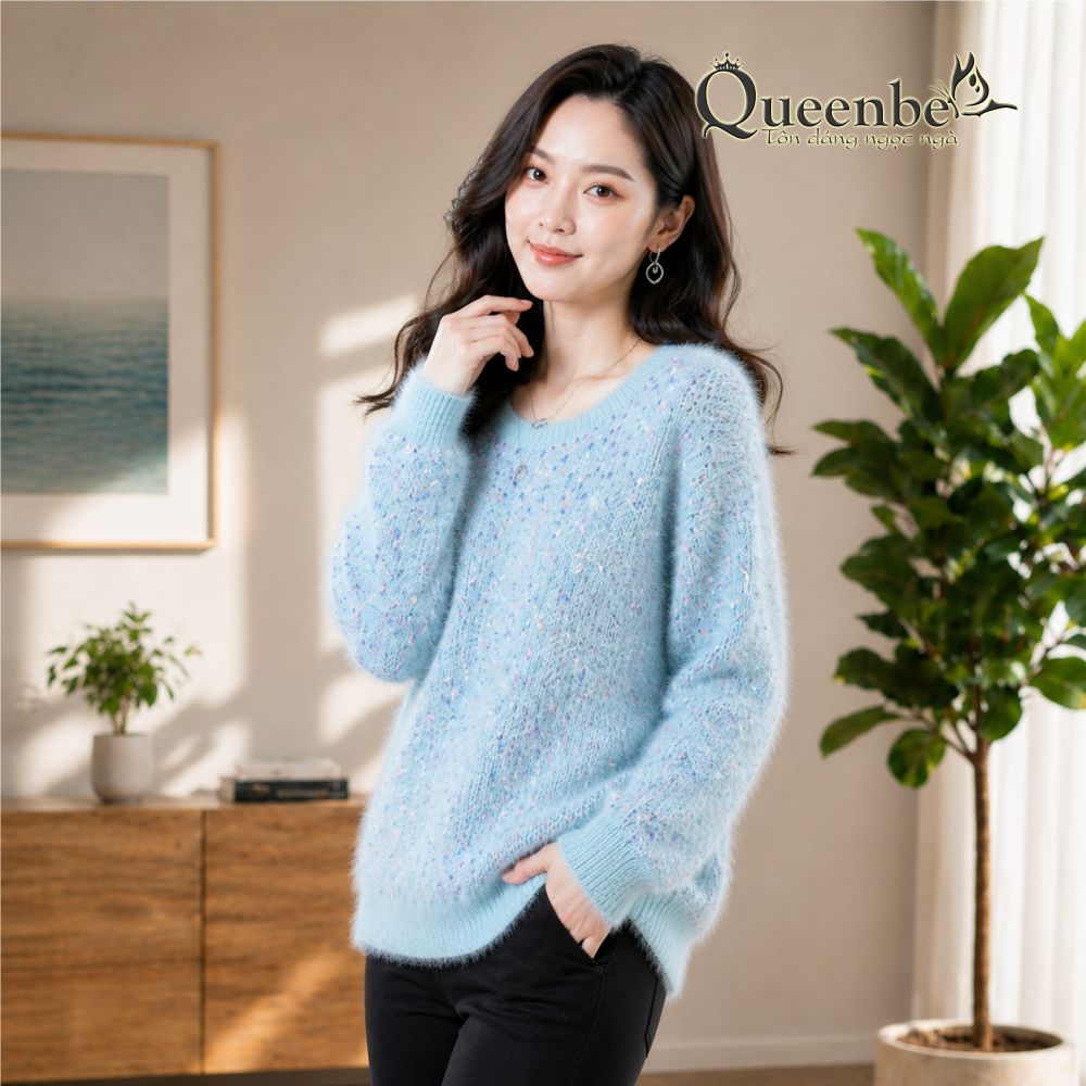 Áo len nữ lông cừu cổ tròn dài tay Queenbe GLA329 len mềm mịn không xù không vón cục