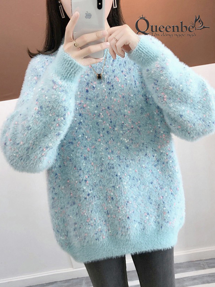 Áo len nữ lông cừu cổ tròn dài tay Queenbe GLA329 len mềm mịn không xù không vón cục