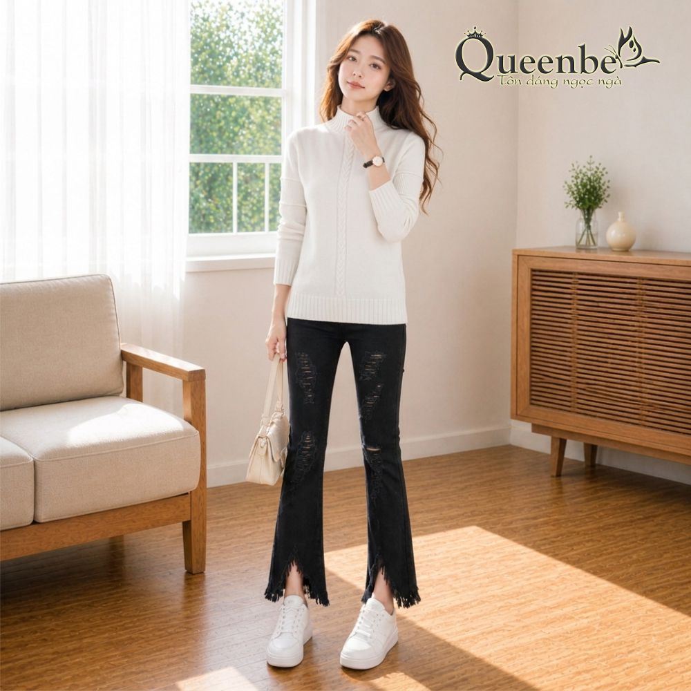 Áo len nữ lông cừu dài tay Queenbe GLA295 len gân không xù không vón cục