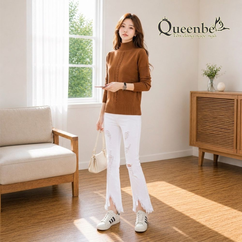 Áo len nữ lông cừu dài tay Queenbe GLA295 len gân không xù không vón cục