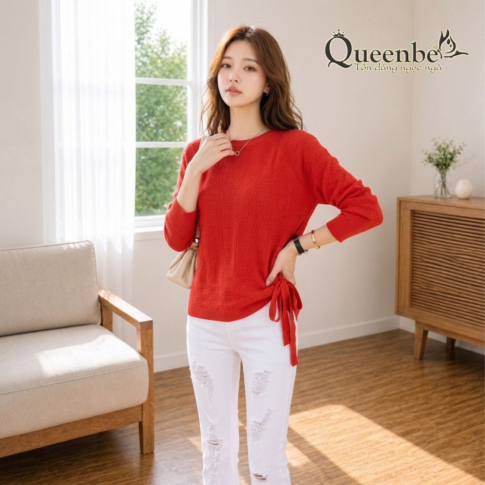 Áo len nữ nhẹ dài tay hông thắt dây Queenbe GLA142