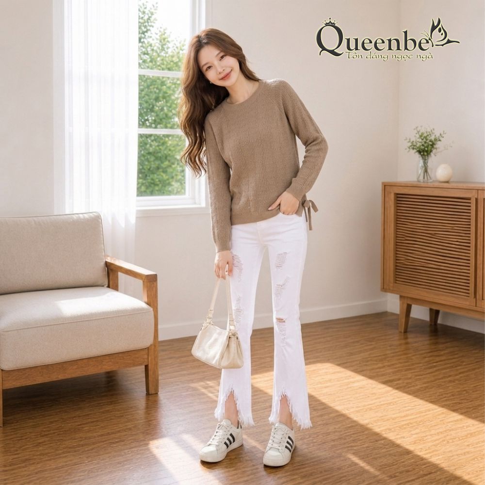 Áo len nữ nhẹ dài tay hông thắt dây Queenbe GLA142