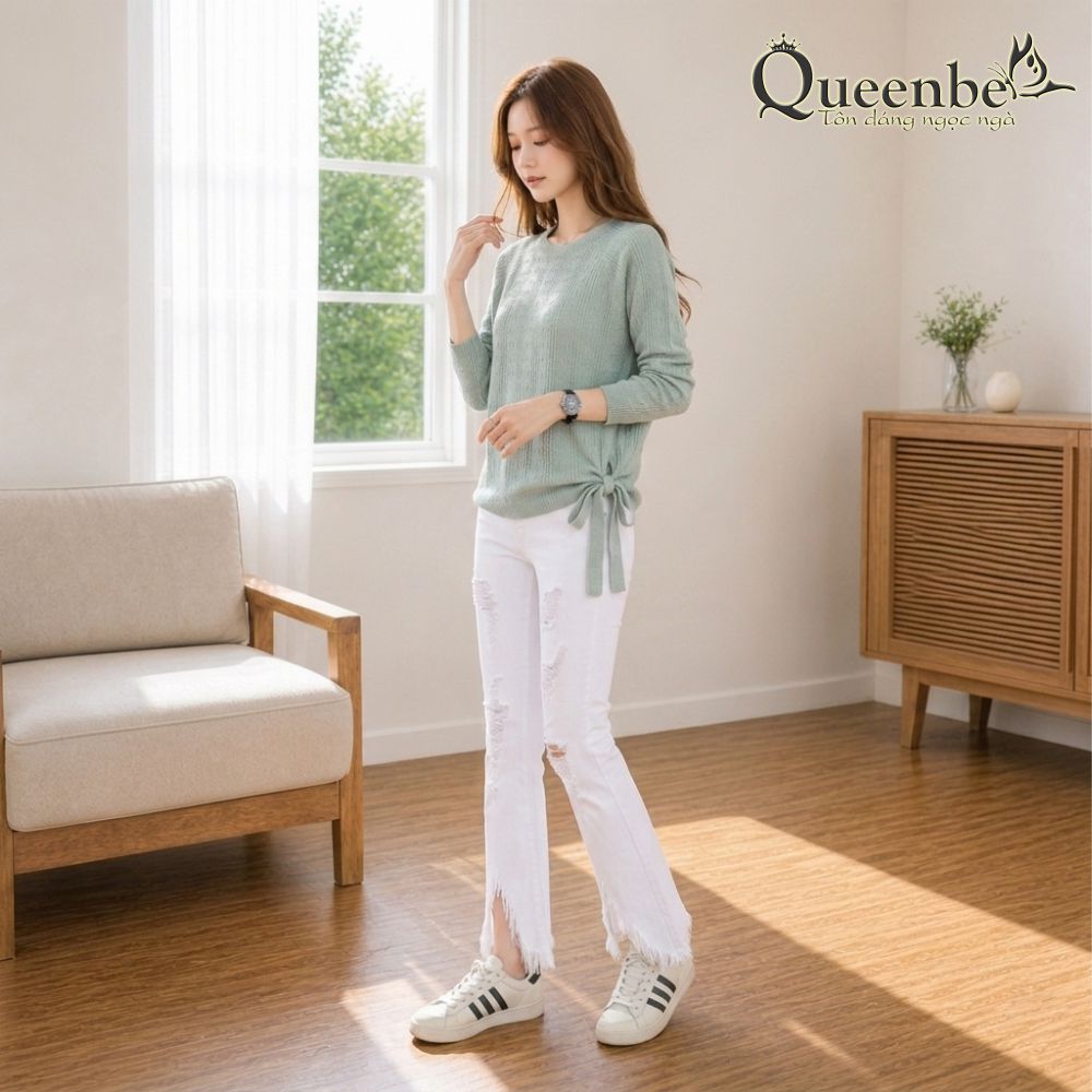 Áo len nữ nhẹ dài tay hông thắt dây Queenbe GLA142