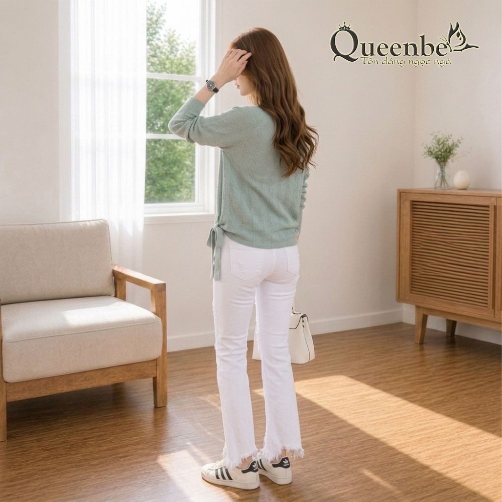 Áo len nữ nhẹ dài tay hông thắt dây Queenbe GLA142