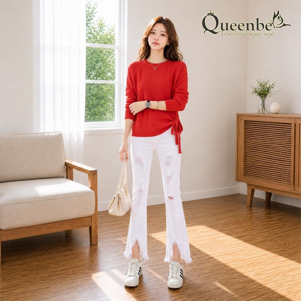 Áo len nữ nhẹ dài tay hông thắt dây Queenbe GLA142
