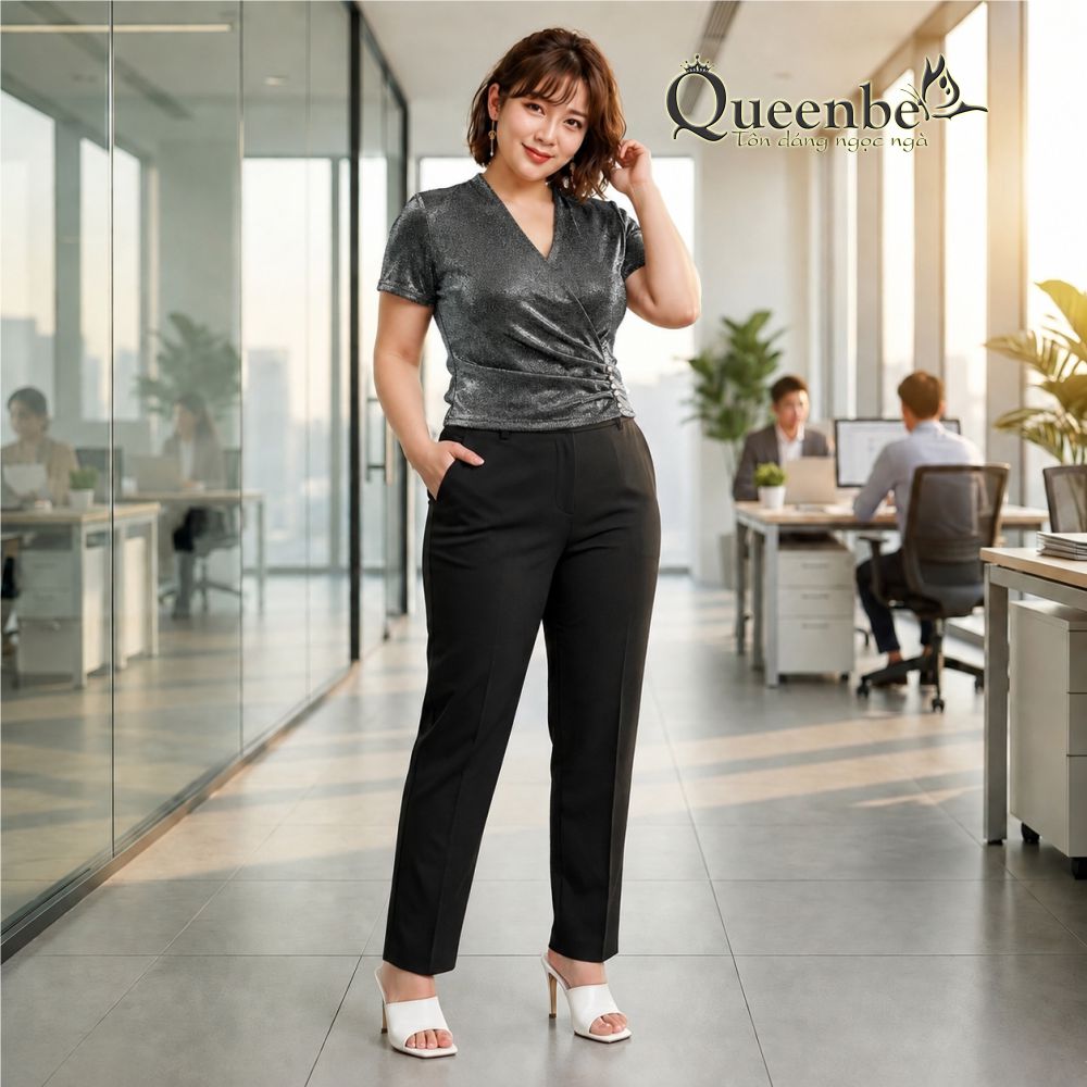 Áo nhung ánh kim hè thu cổ v ngắn tay có big size Queenbe GLA177