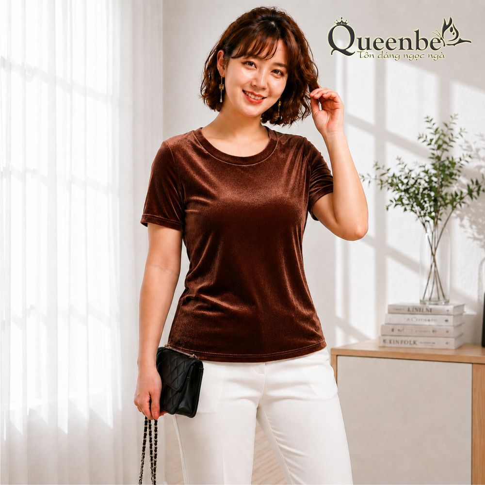 Áo nhung mùa hè thu cổ tròn ngắn tay có big size Queenbe GLA178