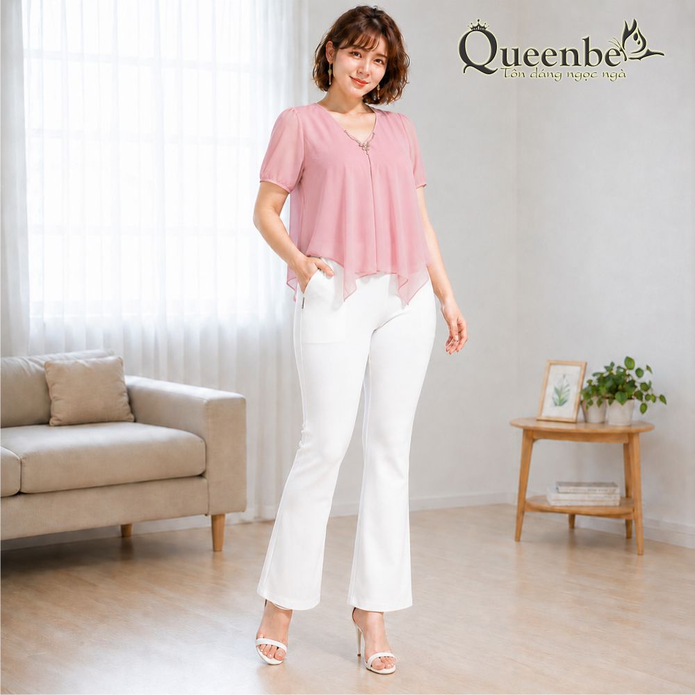 Áo nữ áo kiểu kết cườm ngắn tay cổ v móc kim loại có big size Queenbe GLA103