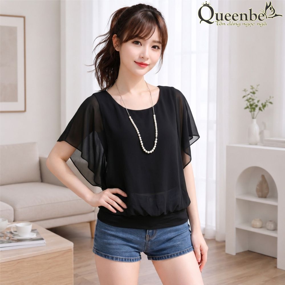 Áo nữ áo kiểu voan cổ tròn tay cánh tiên hai lớp gấu bo chun Queenbe GLA007