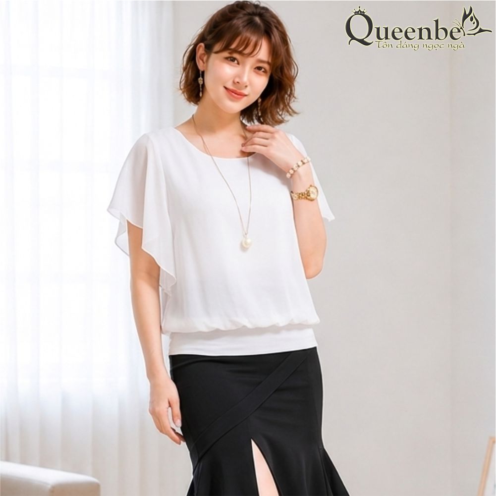 Áo nữ áo kiểu voan cổ tròn tay cánh tiên hai lớp gấu bo chun Queenbe GLA007