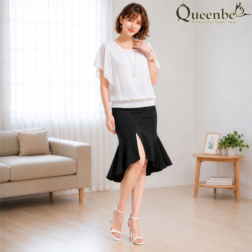 Áo nữ áo kiểu voan cổ tròn tay cánh tiên hai lớp gấu bo chun Queenbe GLA007