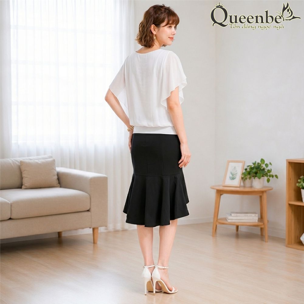 Áo nữ áo kiểu voan cổ tròn tay cánh tiên hai lớp gấu bo chun Queenbe GLA007