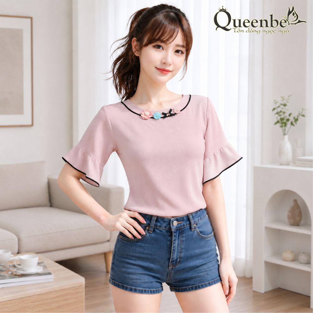 Áo nữ áo kiểu voan xốp cổ tròn tay loe dáng suông cổ đính hoa Queenbe GLA033