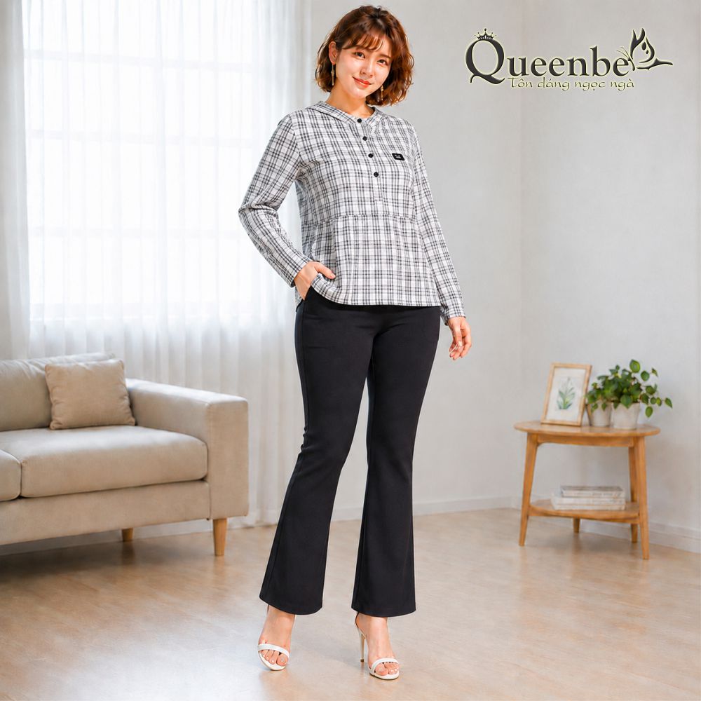 Áo nữ áo sơ mi nữ cổ tròn dài tay cúc cổ kẻ carô gai pha bông có big size Queenbe GLA046